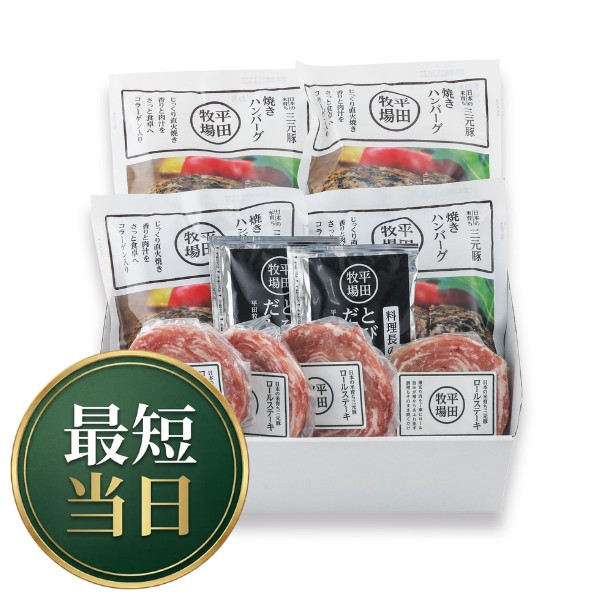 【AM9：59まで当日発送】日本の米育ち三元豚ハンバーグ＆ロールステーキ各4個ギフト HSF19-8 [冷凍便]